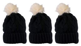 3 Pairs Yacht & Smith Womens Winter Cable Knit Pom Pom Beanie Hat, 3" Poms, Black - Winter Beanie Hats
