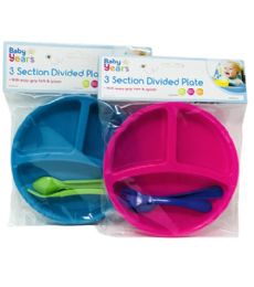 72 Units of 3 Section Plate With Fork And Spoon - Baby Utensils