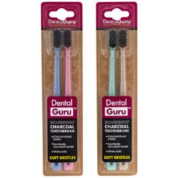 24 Wholesale Toothbrush 2pk Charcoal 2 Asst Soft Bristles Dental Guru PgbleecO-Friendly Corn Starch Handle