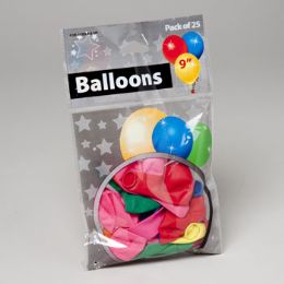 72 Pieces Balloons 25ct 9in Asst Color Latex Rubber In Printed Polybag - Balloons & Balloon Holder