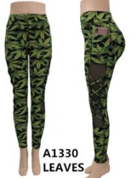 24 Wholesale Green Marijuana Leaf Leggings Mesh Side With Pocket