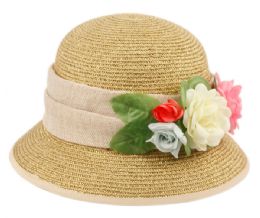 12 Wholesale Paper Straw Braid Bucket Hats With Flower In Toast