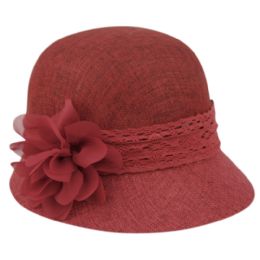 12 Wholesale Linen Cloche Hats With Lace Band And Flower In Burgundy
