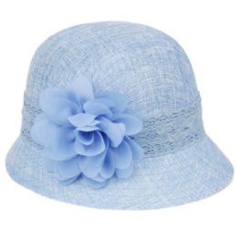 12 Wholesale Linen Cloche Hats With Lace Band And Flower In Light Blue