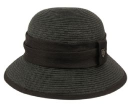 12 Wholesale Paper Straw Braid Bucket Hats With Fabric Band In Black