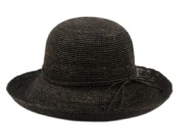 12 Wholesale Raffia Roll Up Brim Sun Cloche Hats In Black