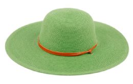 12 Wholesale Braid Straw Floppy Hats With Leather Band In Lime