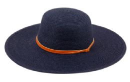 12 Pieces Braid Straw Floppy Hats With Leather Band In Navy - Sun Hats