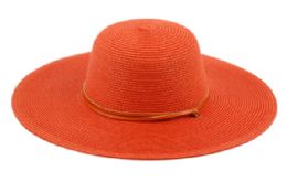 12 Wholesale Braid Straw Floppy Hats With Leather Band In Orange