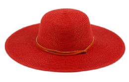 12 Wholesale Braid Straw Floppy Hats With Leather Band In Red