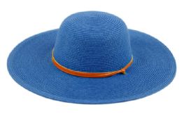 12 Wholesale Braid Straw Floppy Hats With Leather Band In Royal