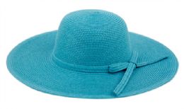 12 Wholesale Braid Straw Floppy Hats With Self Fabric Band In Torquoise