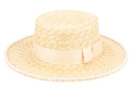 12 Wholesale Braid Natural Straw Boater Hats W/beaded Edge