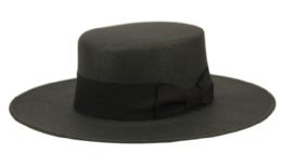 12 Wholesale Wide Flat Brim & Crown Straw Hats W/band In Black