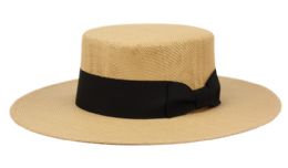 12 Wholesale Wide Flat Brim & Crown Straw Hats W/band In Brown