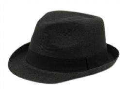 24 Wholesale Roll Up Brim Straw Fedora Hats With Grosgrain Band In Black
