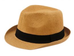 24 Wholesale Roll Up Brim Straw Fedora Hats With Grosgrain Band In Brown