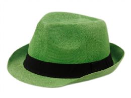 24 Wholesale Roll Up Brim Straw Fedora Hats With Grosgrain Band In Lime Green