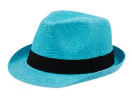 24 Wholesale Roll Up Brim Straw Fedora Hats With Grosgrain Band In Turquoise