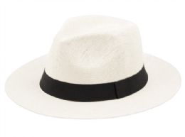24 Wholesale Paper Straw Panama Hats With Grosgrain Band In White