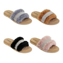 40 Wholesale Women's Fur Slides Rhinestone Glitter Sandals