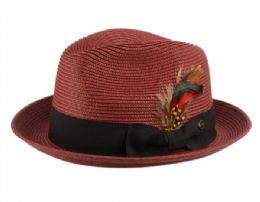 12 Pieces Poly Braid Fedora Hats With Band & Feather In Burgundy - Fedoras, Driver Caps & Visor
