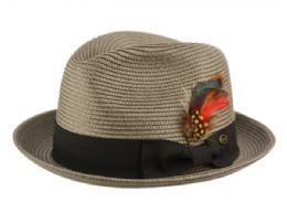 12 Wholesale Poly Braid Fedora Hats With Band & Feather In Gray