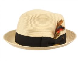 12 Wholesale Poly Braid Fedora Hats With Band & Feather In Natural