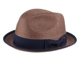 12 Wholesale Poly Braid Fedora Hats With Band & Fabric Edge In Brown