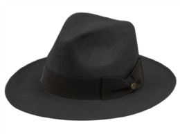 12 Wholesale Panama Paper Straw Hats With Grosgrain Band In Black