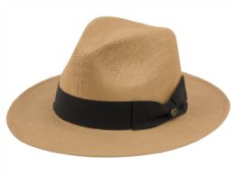 12 Wholesale Panama Paper Straw Hats With Grosgrain Band In Light Brown
