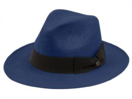12 Wholesale Panama Paper Straw Hats With Grosgrain Band In Navy