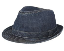 12 Pieces Solid Cotton Fedora With Band In Denim Blue - Fedoras, Driver Caps & Visor