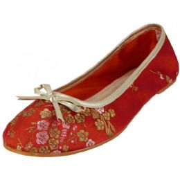 18 Wholesale Women's Satin Brocade Ballet Flat Shoes In Red Color