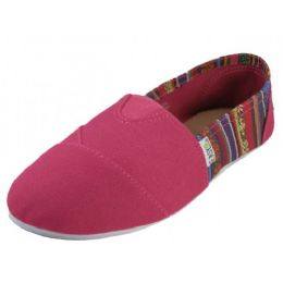 36 Wholesale Women's Most Comfortable Slip On Casual Canvas Shoe Fuschia With Color Stripe
