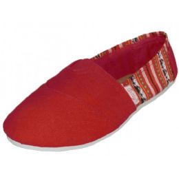 36 Wholesale Women's Most Comfortable Slip On Casual Canvas Shoe In Red With Color Stripe