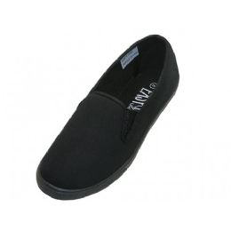 24 Wholesale Women's Slip On Twin Gore Casual Cotton Upper Canvas Shoes In Black
