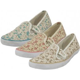 24 Wholesale Women's Double Velcro Floral Print Canvas Shoes