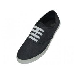 24 Wholesale Women's Chambray Upper With Shoe Lace Shoes Black Color