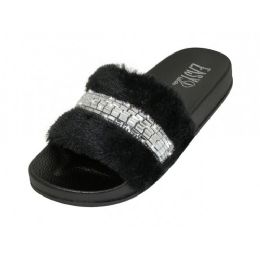 36 Wholesale Women's Faux Fur Upper With Rhinestone Top Slide Sandals Black Color Only
