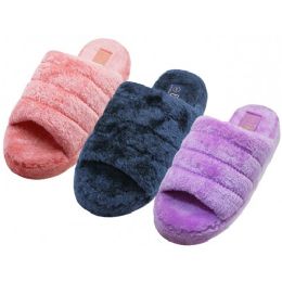 24 Wholesale Women's Heavy Plush Open Toe Open Back House Slippers