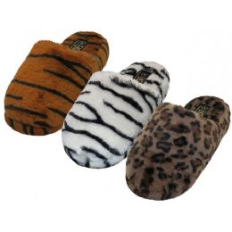 36 Wholesale Women's Animals Printed Heavy Plush Close Toe And Open Back House Slippers