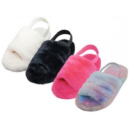 24 Wholesale Women's Soft Fuzzy Plush Upper With Elastic Sling Back House Slippers