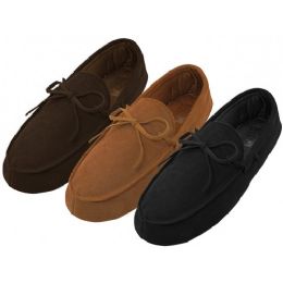 24 Wholesale Men's Leather Upper Moccasins Insulated House Slippers