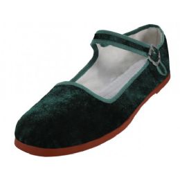30 of Women's Velvet Upper Classic Mary Jane Shoes In Green Color
