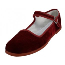36 Wholesale Women's Velvet Upper Classic Mary Jane Shoes In Maroon Color