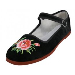 36 Wholesale Women's Velvet Upper With Embroidery Classic Mary Janes Shoe