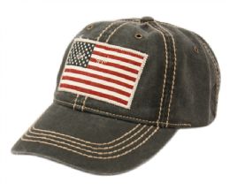 12 Pieces Washed Cotton Baseball Cap With American Flag Patch In Black - Baseball Caps & Snap Backs