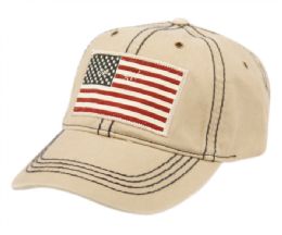 12 Pieces Washed Cotton Baseball Cap With American Flag Patch In Khaki - Baseball Caps & Snap Backs