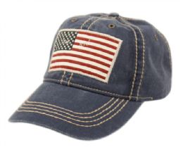 12 Pieces Washed Cotton Baseball Cap With American Flag Patch In Navy - Baseball Caps & Snap Backs